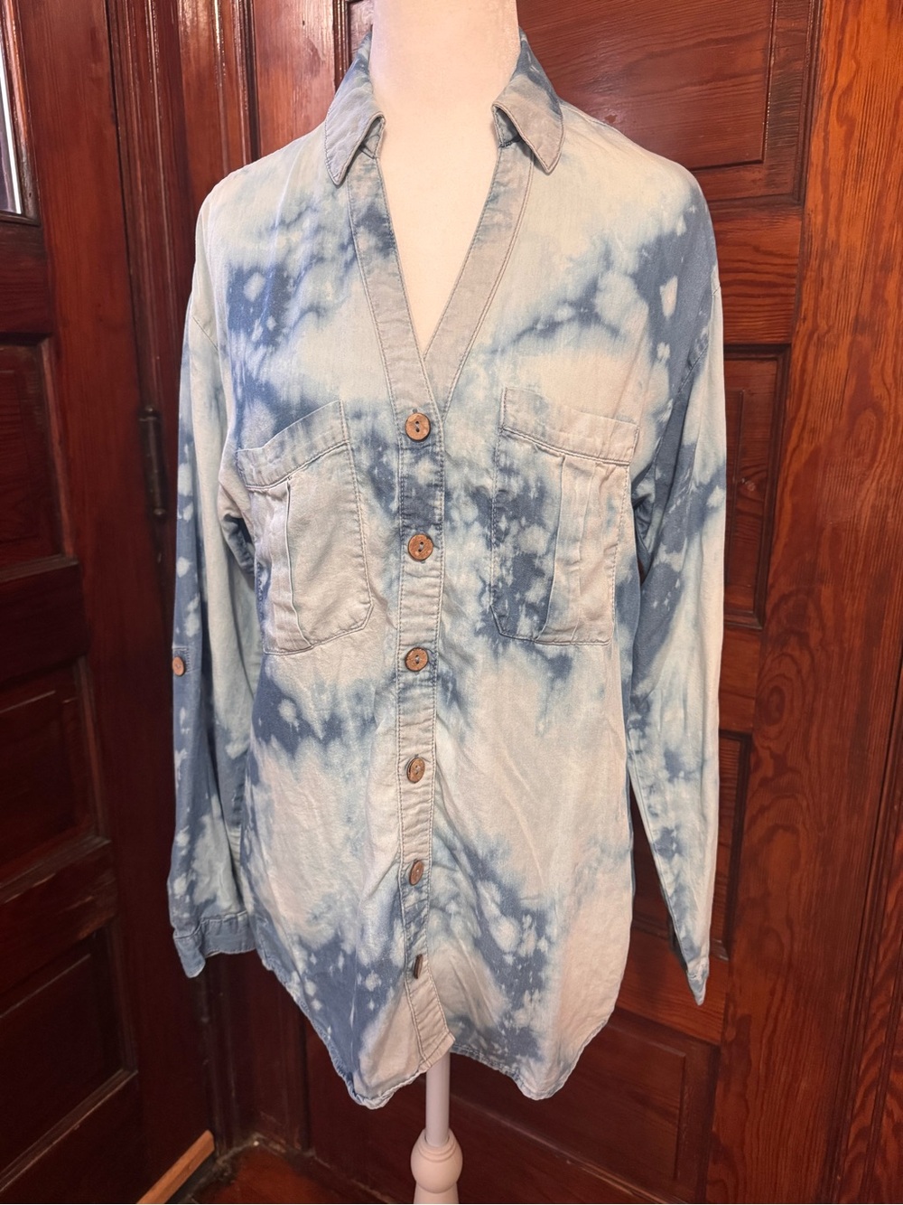 Tie Dye Chambray Button Down Shirt Blue Bleached- Women’s Small